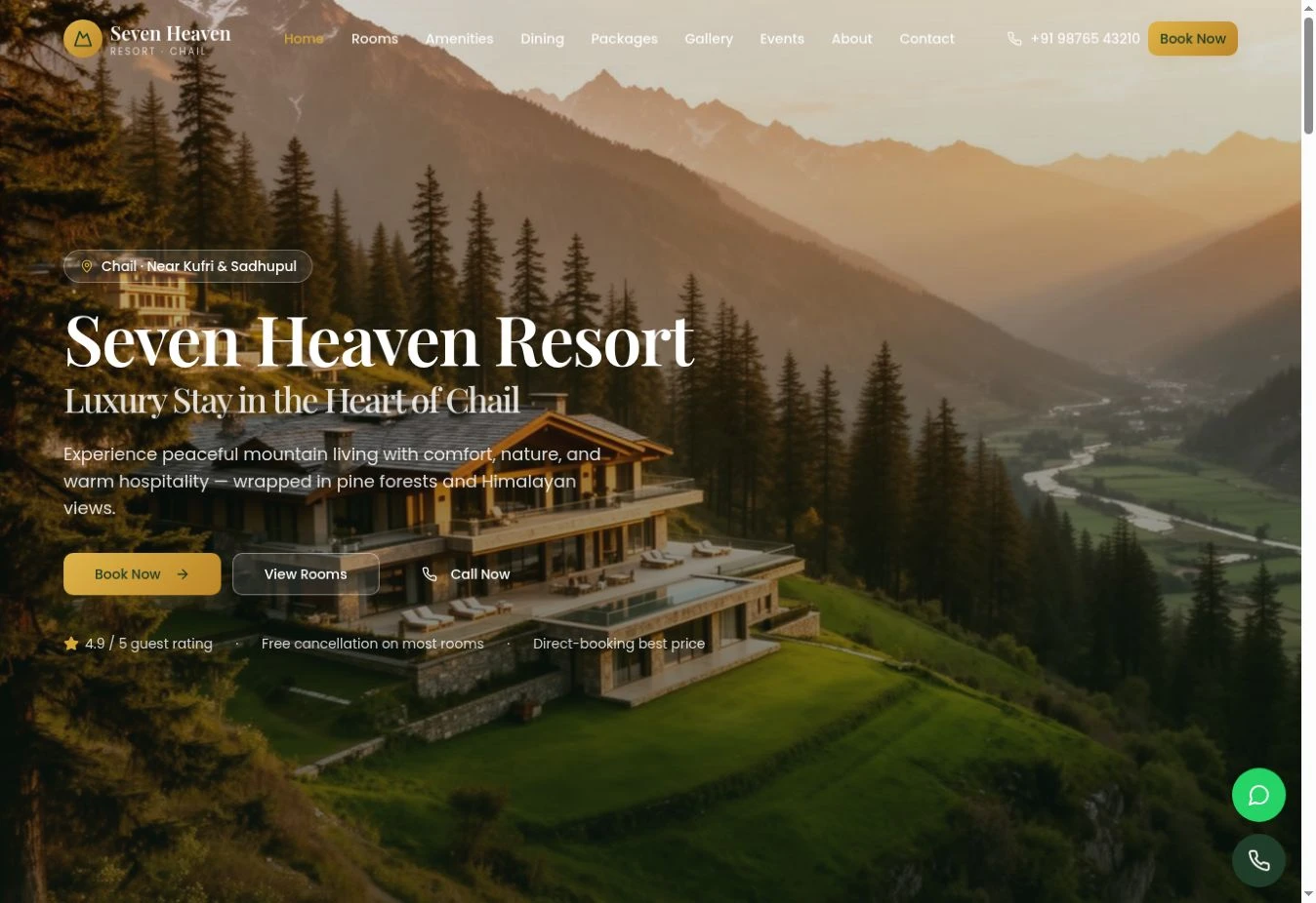 Actual homepage capture of Seven Heaven Resort